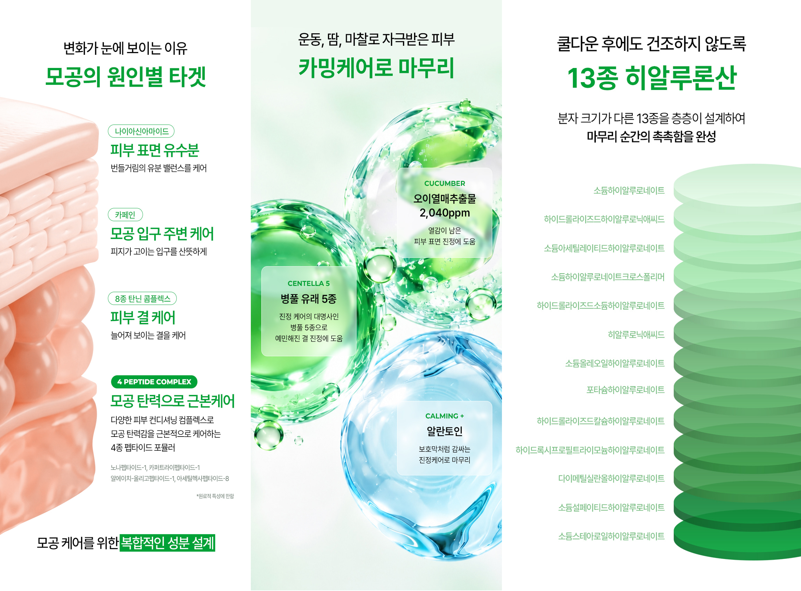 나이아신아마이드,카페인 등 모공 케어 성분, 오이열매추출물 및 병풀 진정 성분, 13종 히알루론산을 3단으로 정리한 인포그래픽 이미지