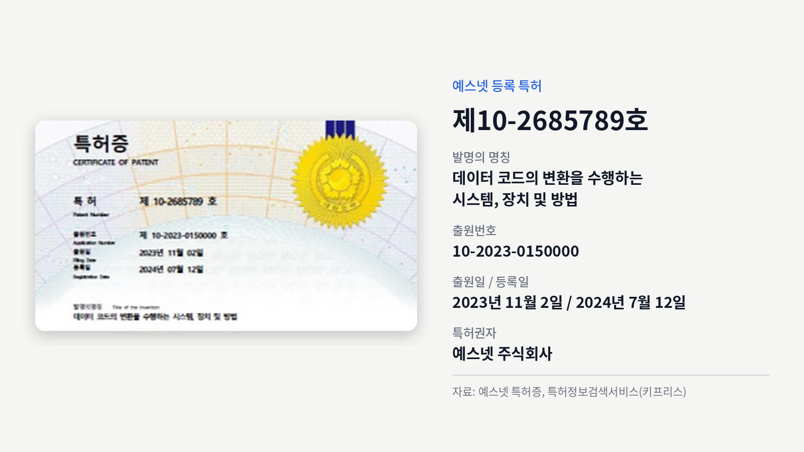 왼쪽에 금색 인장이 찍힌 특허증 윗부분이, 오른쪽에 특허 번호와 발명의 명칭, 출원일과 등록일이 정리된 안내 카드