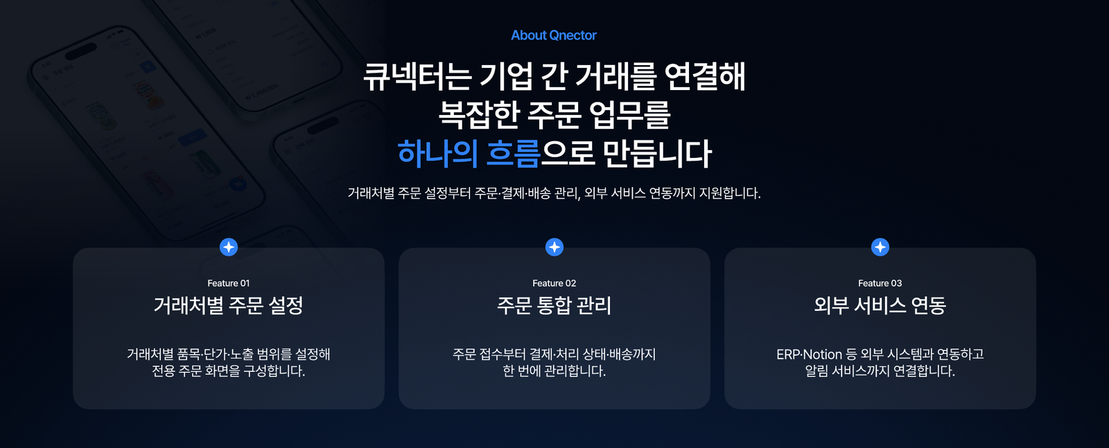 어두운 배경에 하나의 흐름이라는 문구 아래 거래처별 주문 설정, 주문 통합 관리, 외부 서비스 연동 세 기능 카드가 나란히 놓여 있다